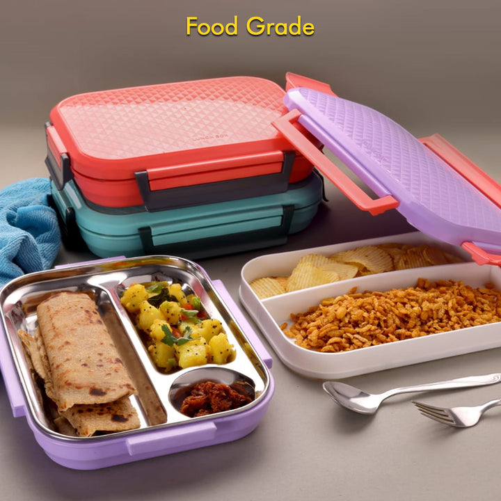 Colorful food grade steel plate lunch box with compartments for meal storage and on-the-go dining