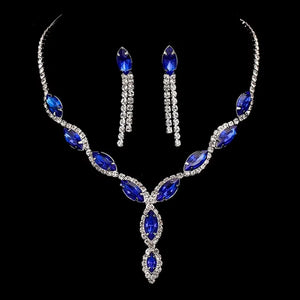 Elegant bridal necklace and earrings set featuring stunning blue gemstones and sparkling rhinestones