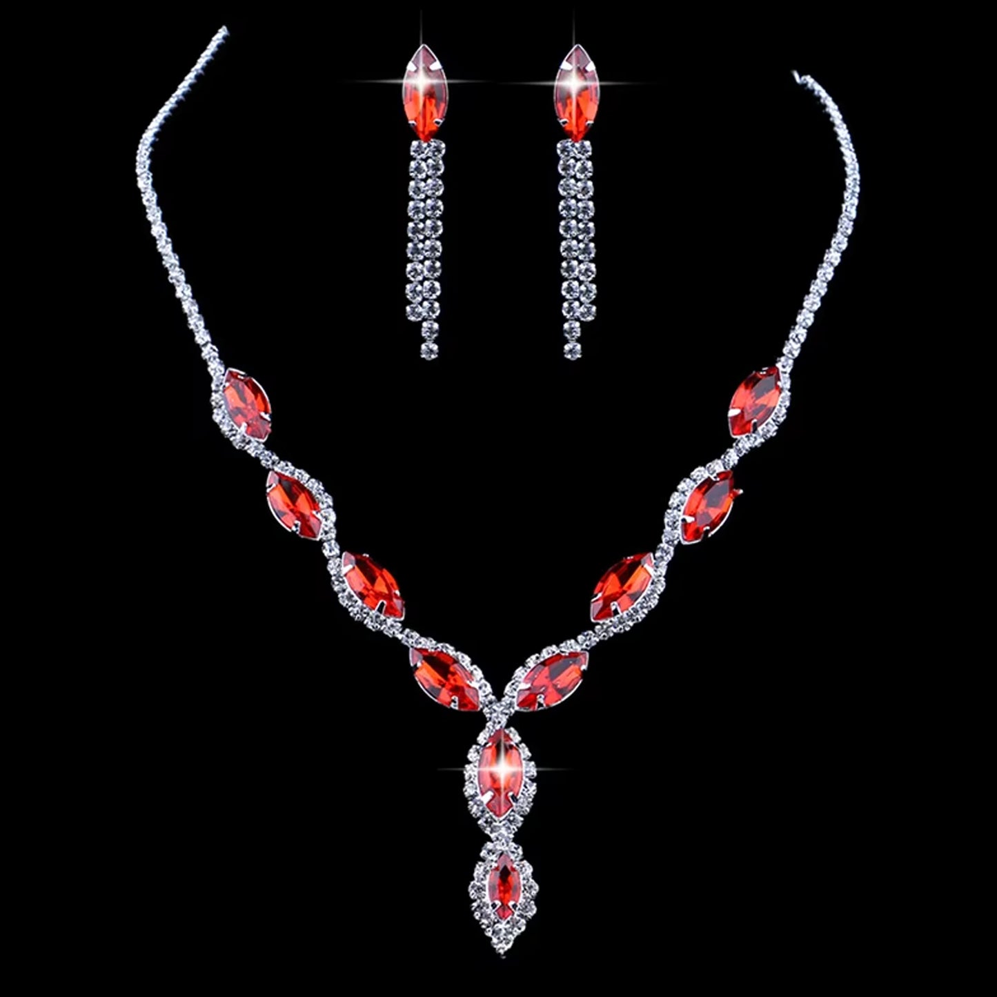Superior eMart bridal necklace and earrings set featuring sparkling red crystals and elegant silver design
