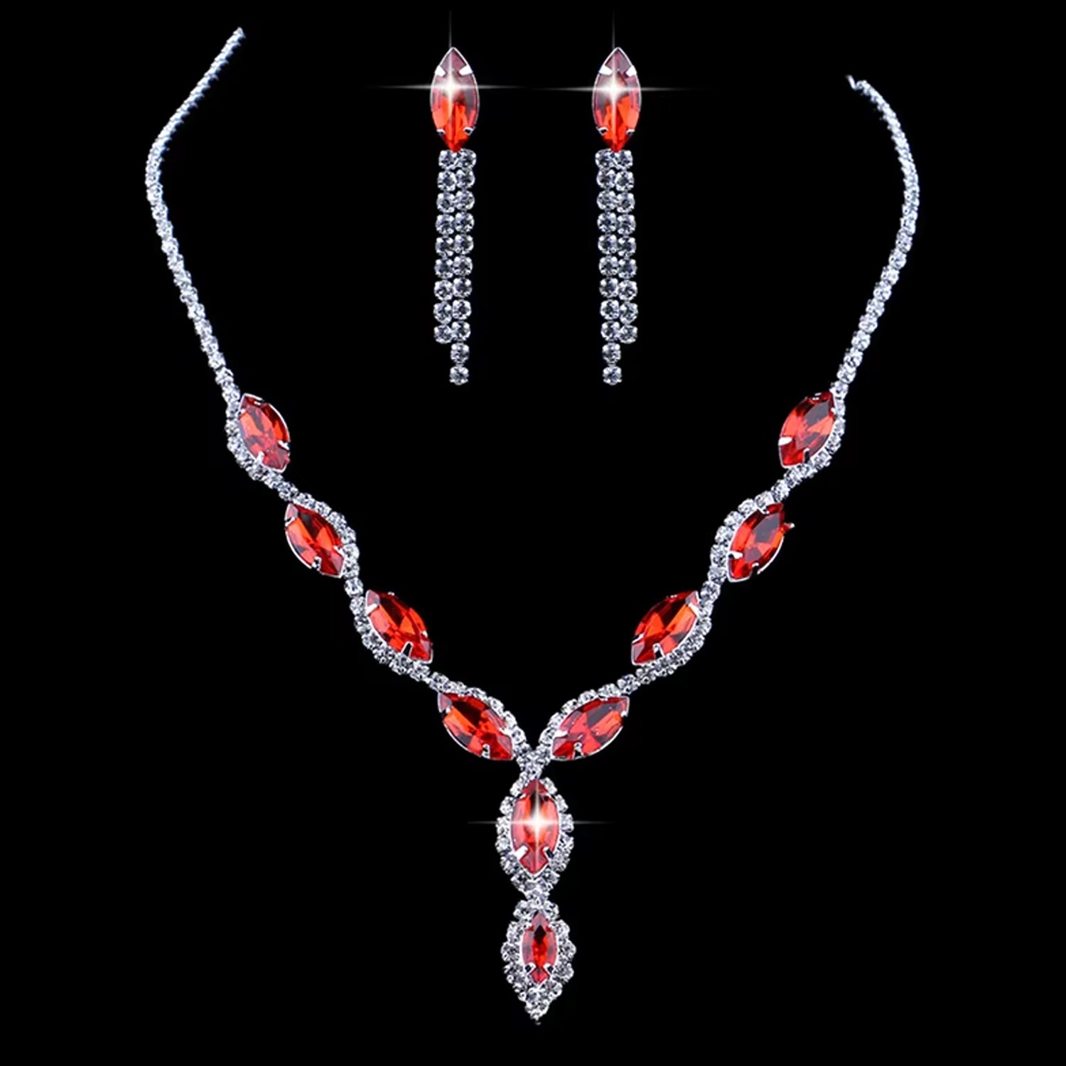 Superior eMart bridal necklace and earrings set featuring sparkling red crystals and elegant silver design