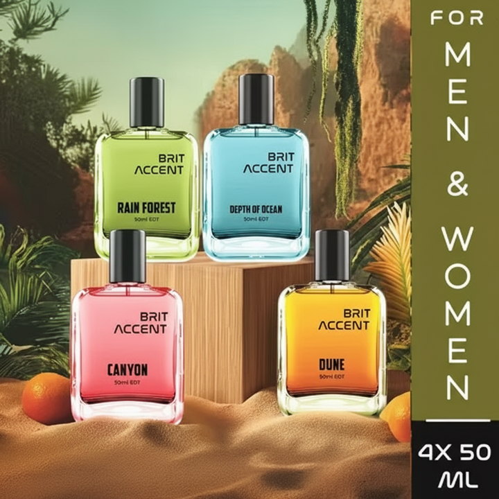 Essential nature perfume set by Brit Accent featuring four 50ml bottles: Rain Forest, Depth of Ocean, Canyon, and Dune.