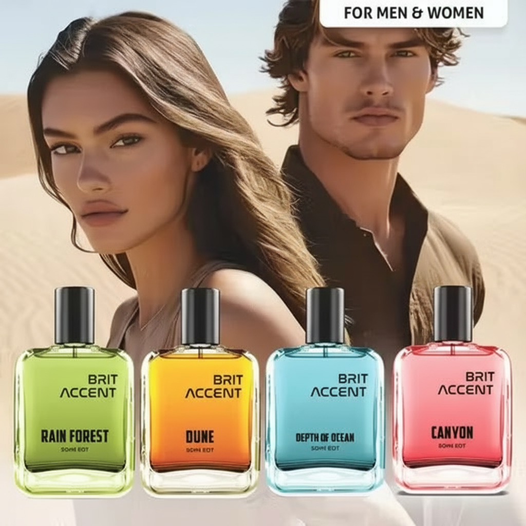 Essential nature perfume set featuring four bottles: Rain Forest, Dune, Depth of Ocean, and Canyon