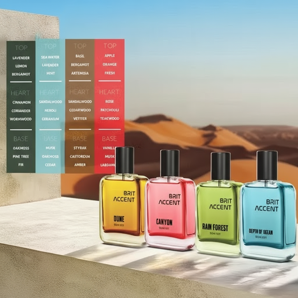 Essential nature perfume set featuring Dune, Canyon, Rain Forest, and Depth of Ocean fragrances