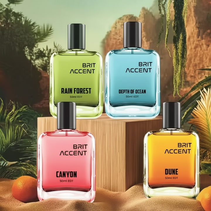 Essential nature perfume set featuring Rain Forest, Depth of Ocean, Canyon, and Dune in 50ml bottles