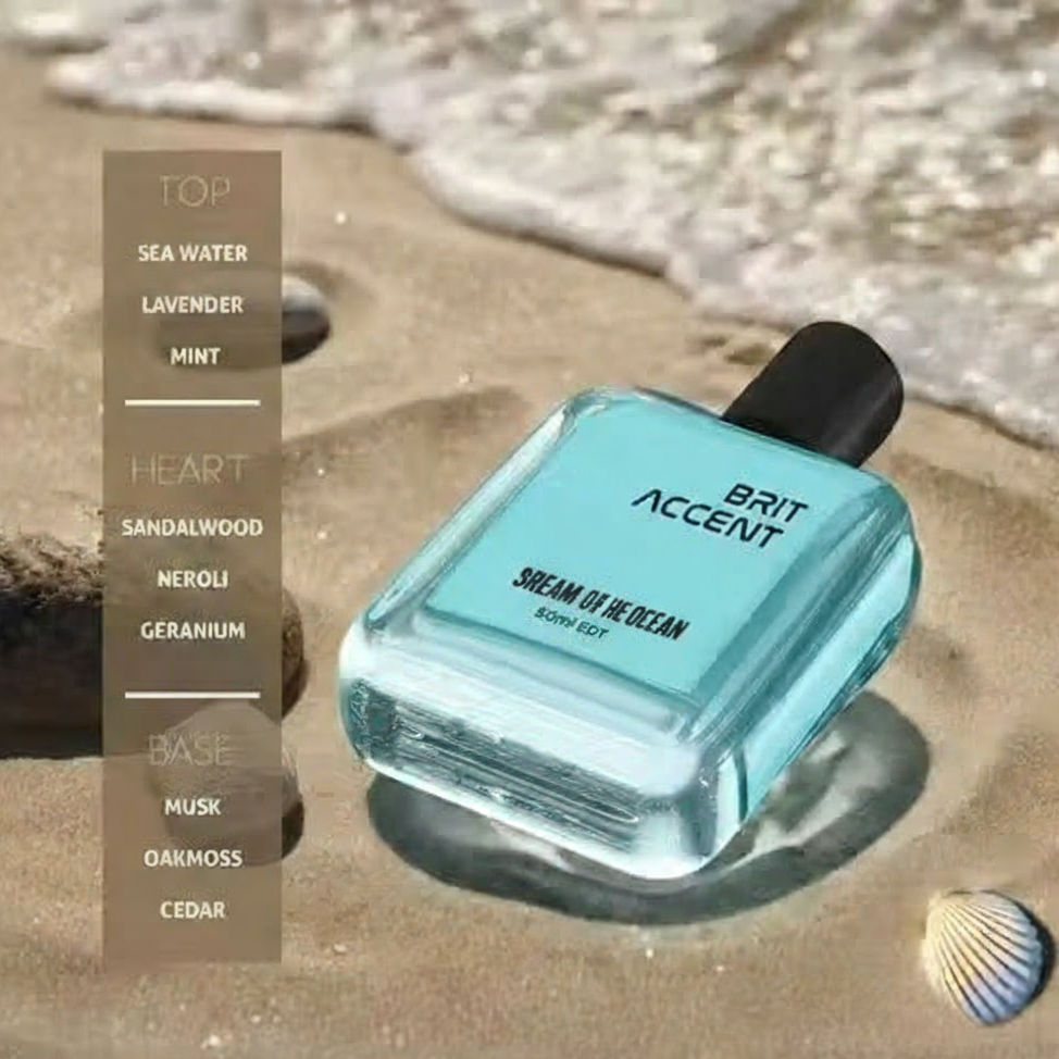 Brit Accent long lasting unisex perfume with fresh sea water, lavender, and mint notes on sandy beach