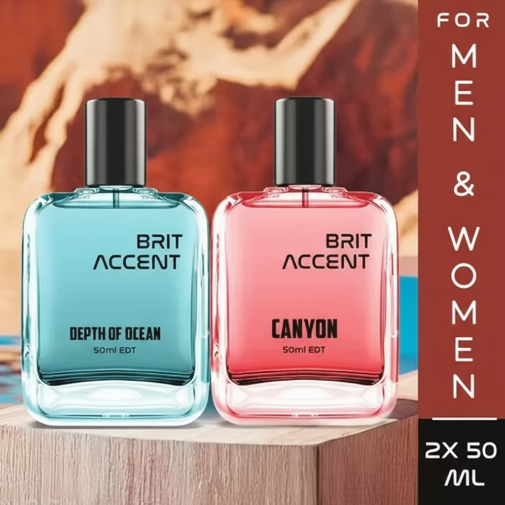 Long lasting unisex perfume pack featuring Depth of Ocean and Canyon by Brit Accent, 2x50ml EDT