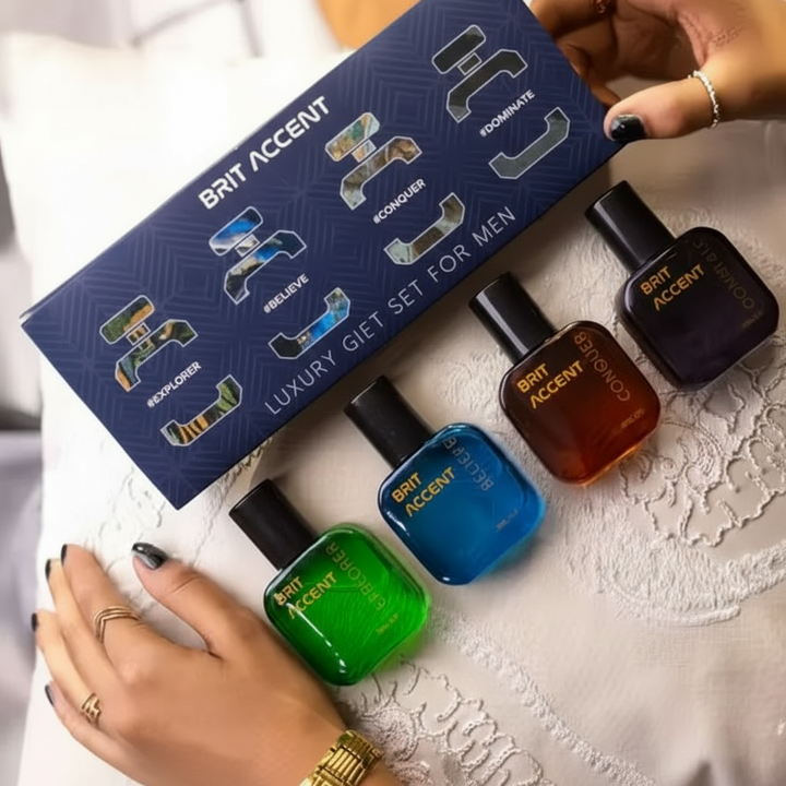 Brit Accent Luxury Gift Set for Men featuring four distinctive fragrance bottles in stylish packaging
