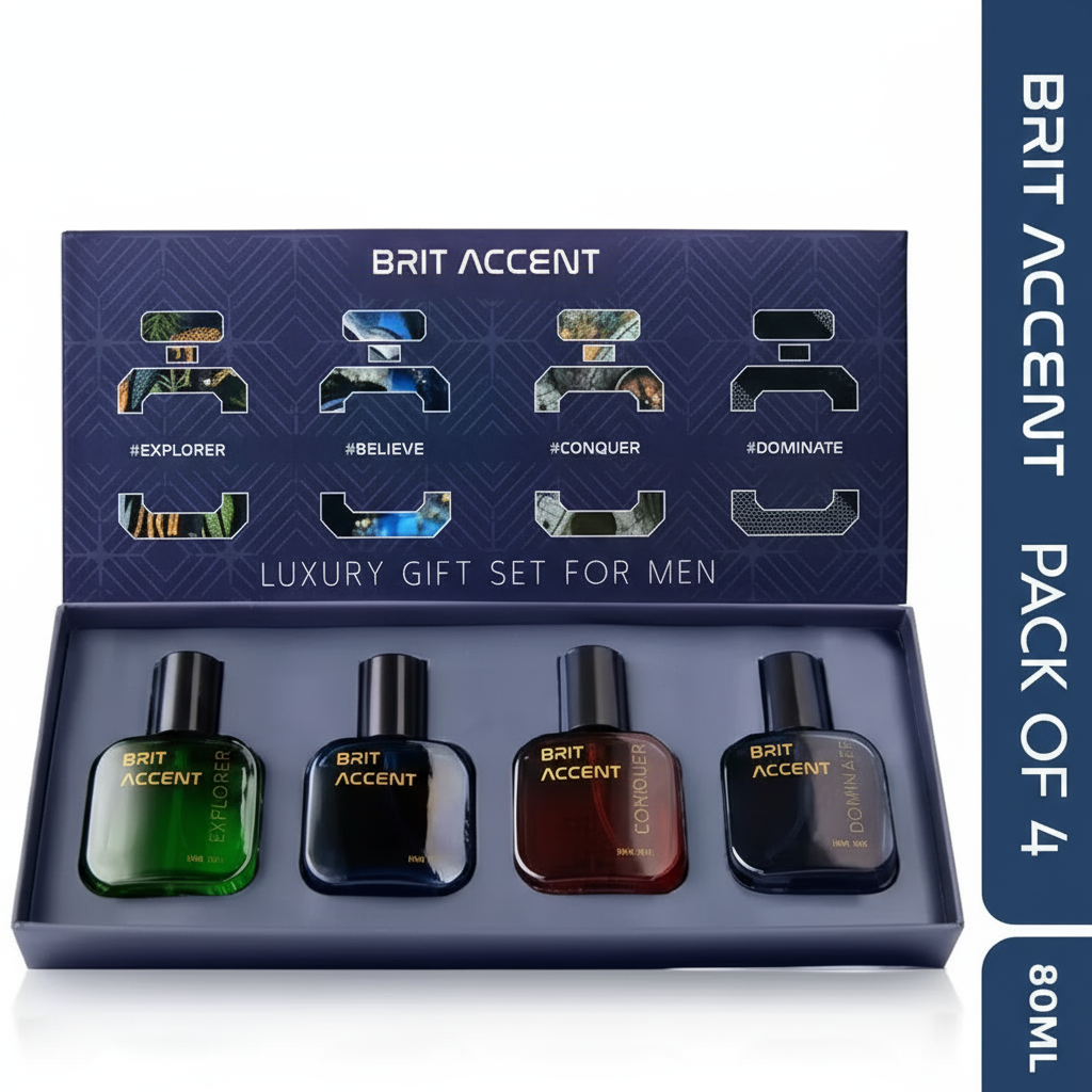 Brit Accent luxury gift set for men featuring four 80ml fragrances in stylish packaging