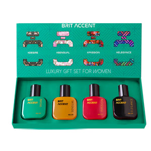 Brit Accent luxury perfume gift set for women featuring four vibrant scents in stylish bottles