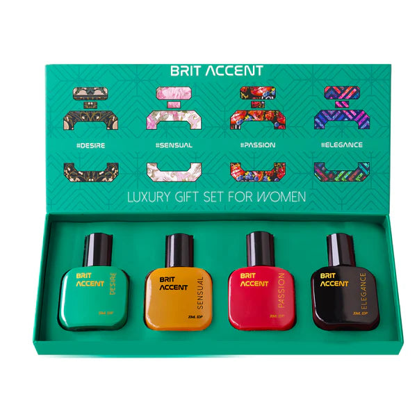 Brit Accent luxury perfume gift set for women featuring four vibrant scents in stylish bottles