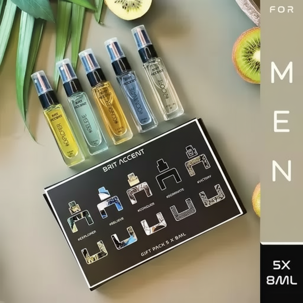 Men's perfume gift pack featuring five 8ml fragrances in stylish bottles from Superior eMart