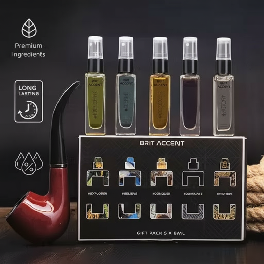 Brit Accent men's perfume gift pack featuring five long-lasting fragrances in 8ml bottles