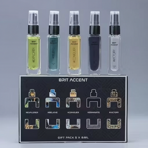 Men's perfume gift pack featuring five 8ml bottles from Brit Accent collection