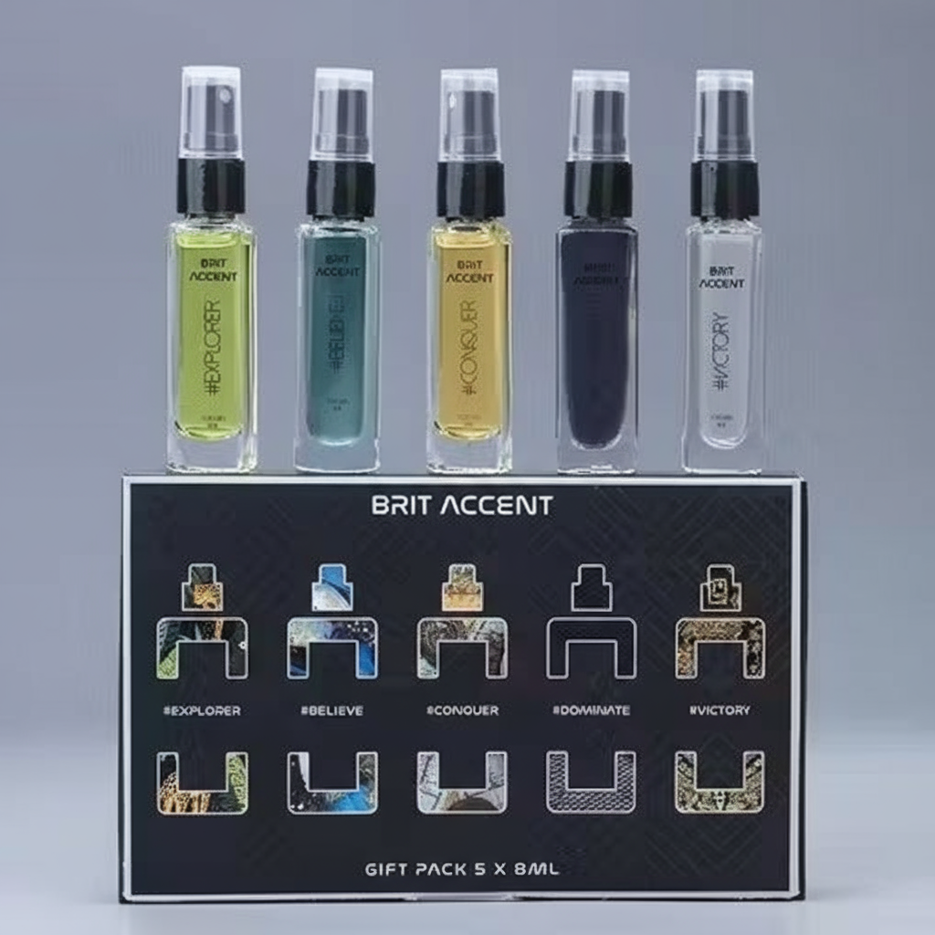 Men's perfume gift pack featuring five 8ml bottles from Brit Accent collection