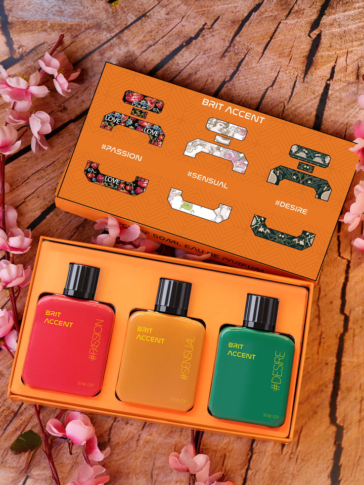 Premium women's fragrance gift set featuring Brit Accent scents in passion, sensual, and desire bottles