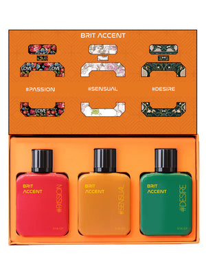 Premium women's fragrance gift set featuring three vibrant scents in stylish bottles