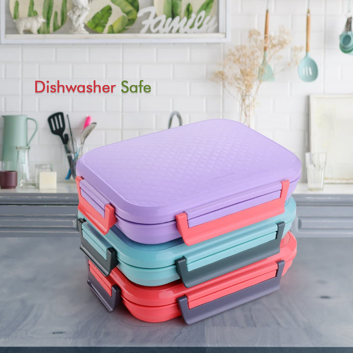 Stackable multi compartment lunch box for office in vibrant colors, featuring a dishwasher safe design