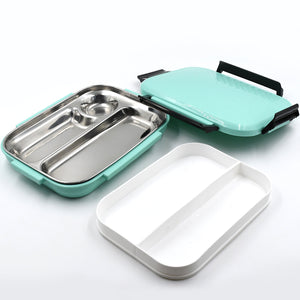 Light green multi compartment lunch box for office with stainless steel sections for organized meals