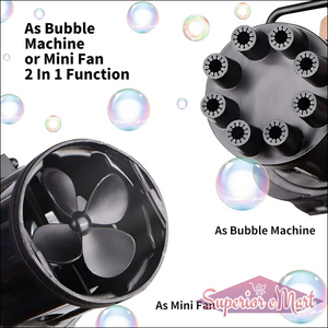 Black bubble machine with propeller design, surrounded by bubbles, on a white background.