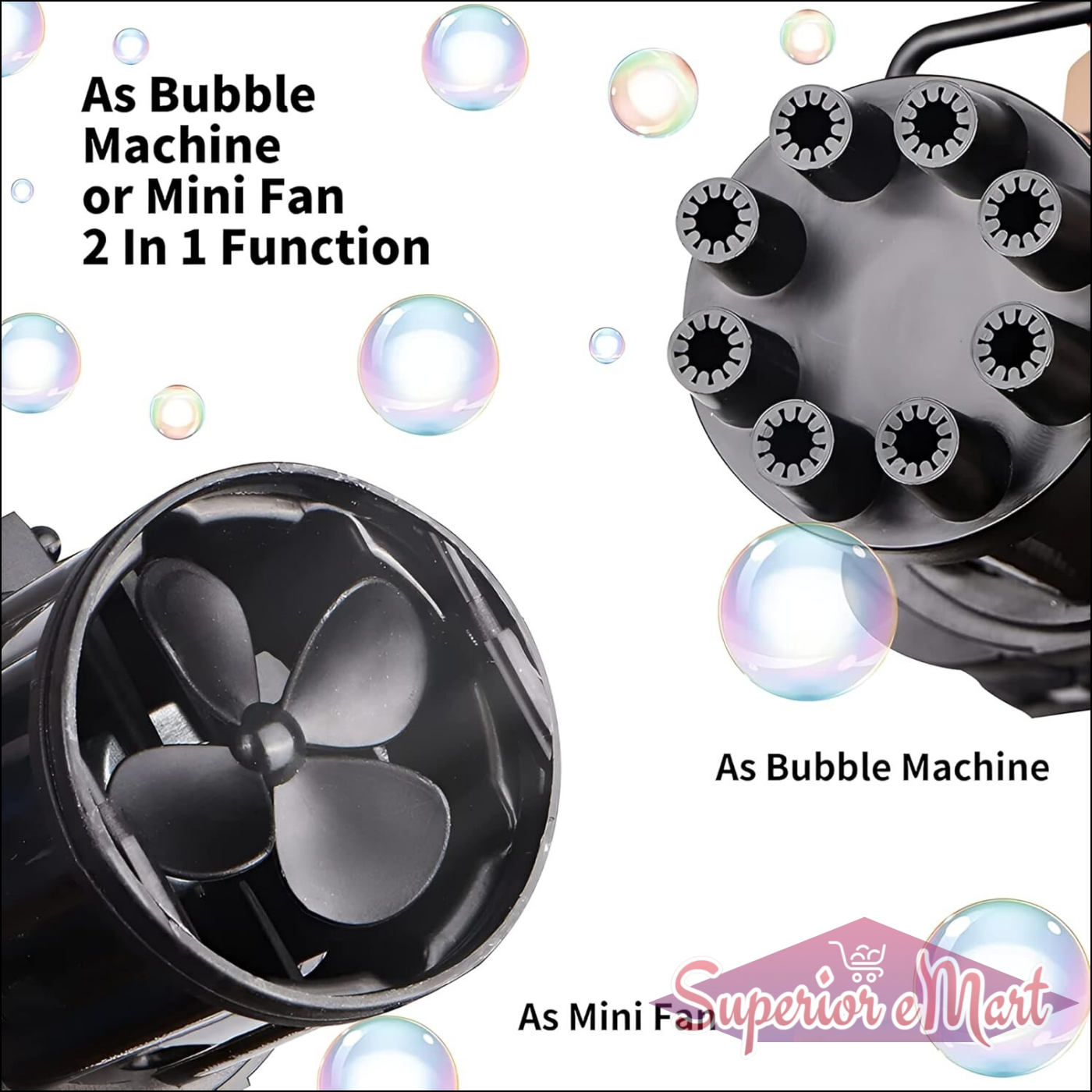 Black bubble machine with propeller design, surrounded by bubbles, on a white background.