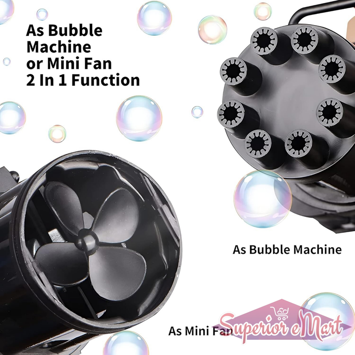 Black bubble machine with propeller design, surrounded by bubbles, on a white background.
