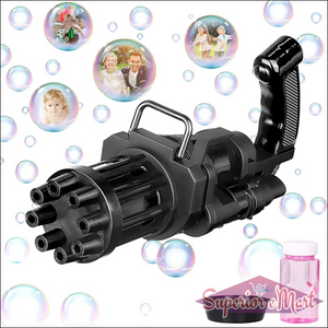 Black bubble gun with bubbles and a bottle in the background