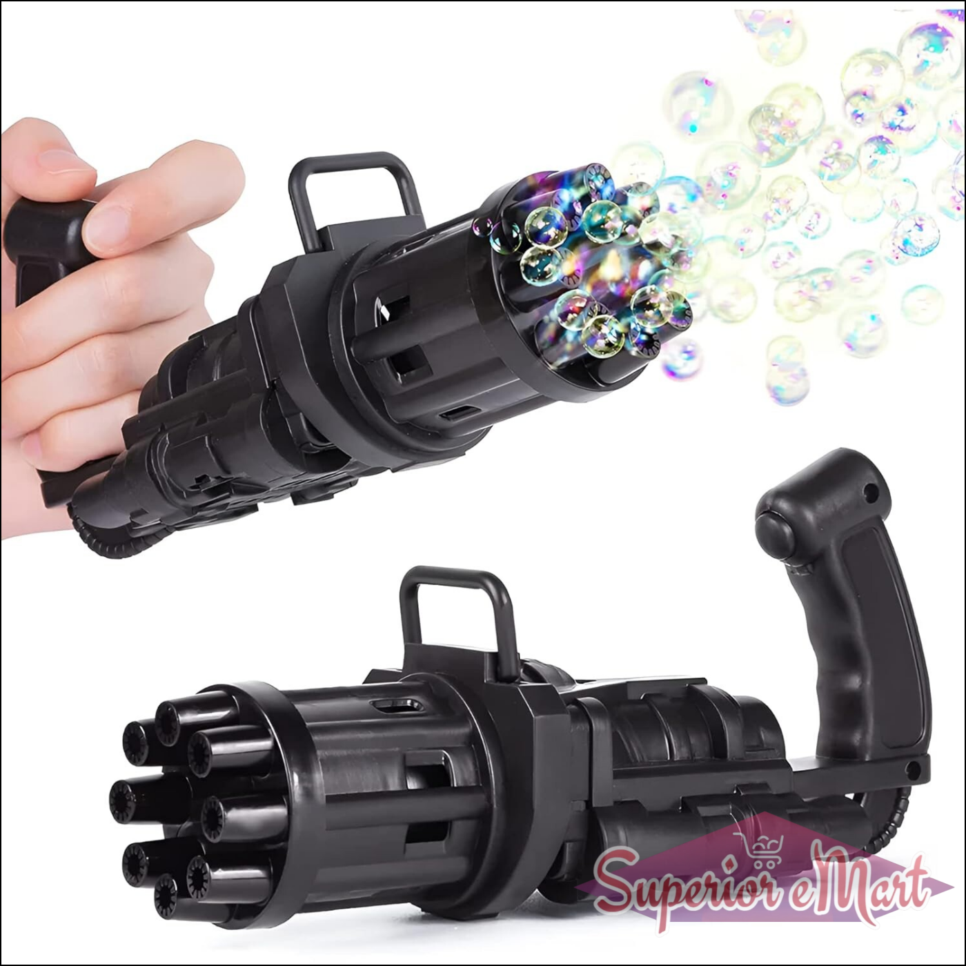 Black bubble gun with bubbles on a white background