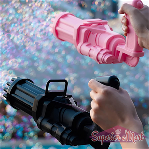 Two hands holding pink and black bubble guns against a sparkling background