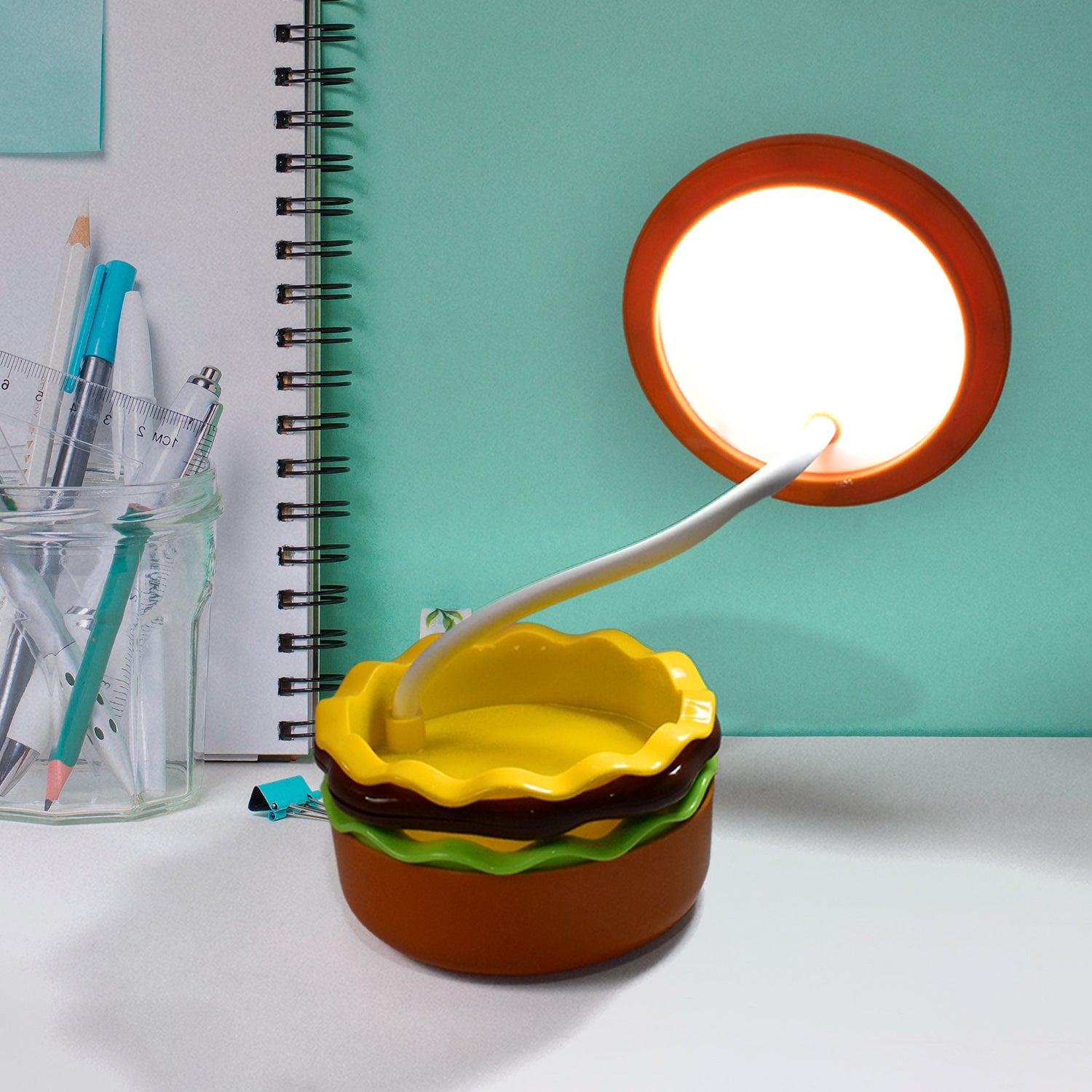 Burger themed LED night lamp with colorful base and bright light for fun home decor