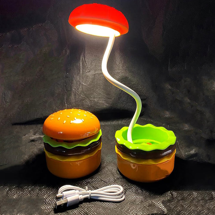 Burger themed LED night lamp with flexible neck and colorful burger design for playful home decor