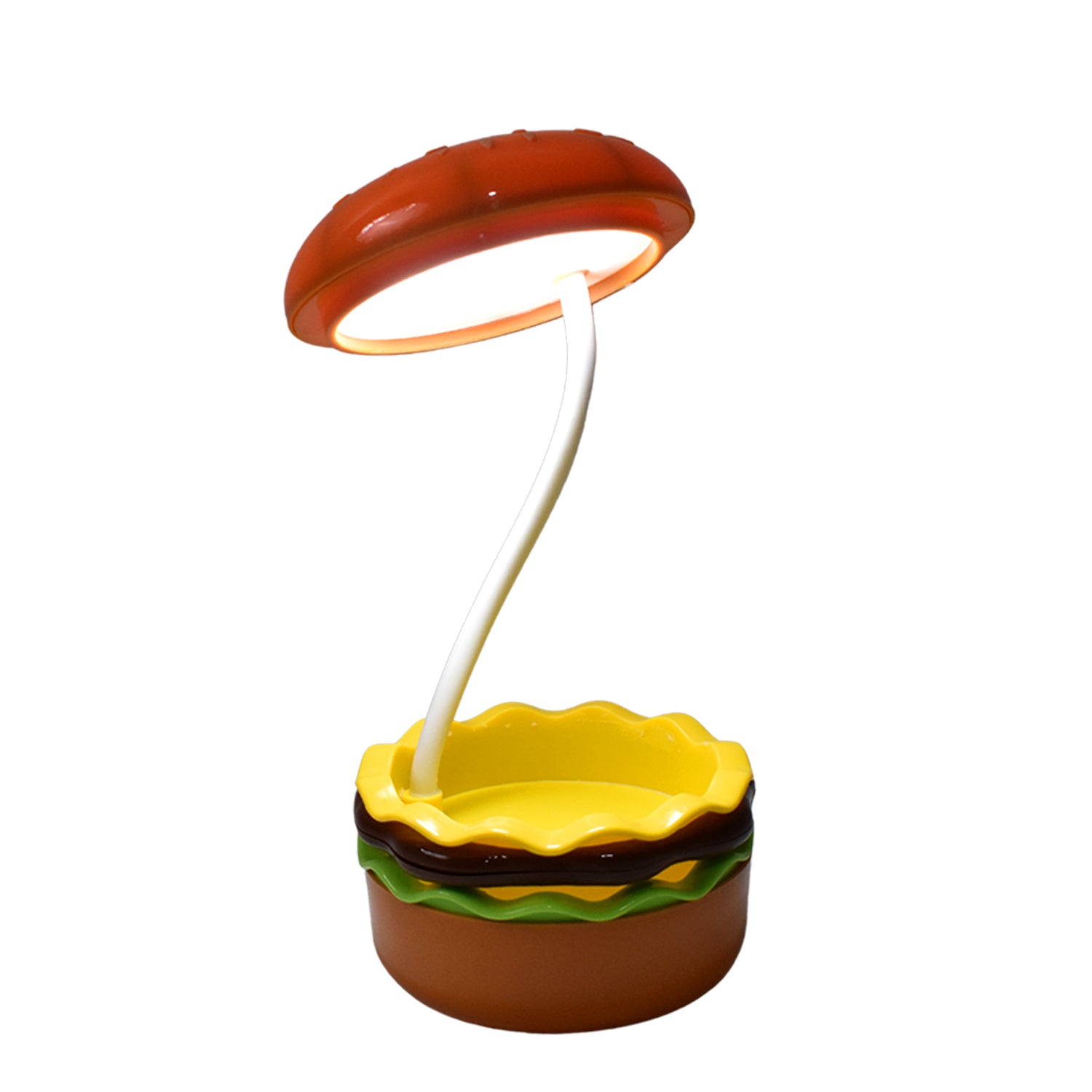 Burger themed LED night lamp with colorful bun and flexible neck for playful home decor