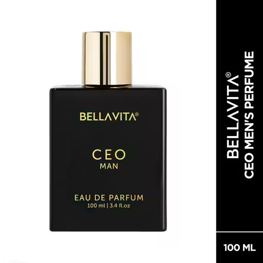 Bellavita CEO Man 100ml Eau de Parfum: black rectangular bottle with a metallic gold cap and gold lettering.
