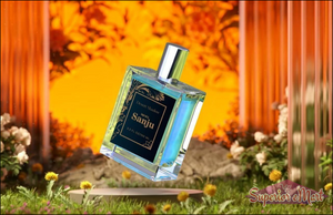 Inspired by Sanju perfume in a stylish bottle with vibrant garden backdrop