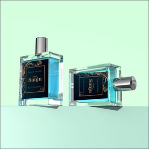Desert Shadows Inspired by Sanju perfume in stylish glass bottles showcasing vibrant blue fragrance