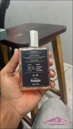 100 ML Sanju perfume from Superior eMart with ingredients on the back label, inspired by Sanju perfume