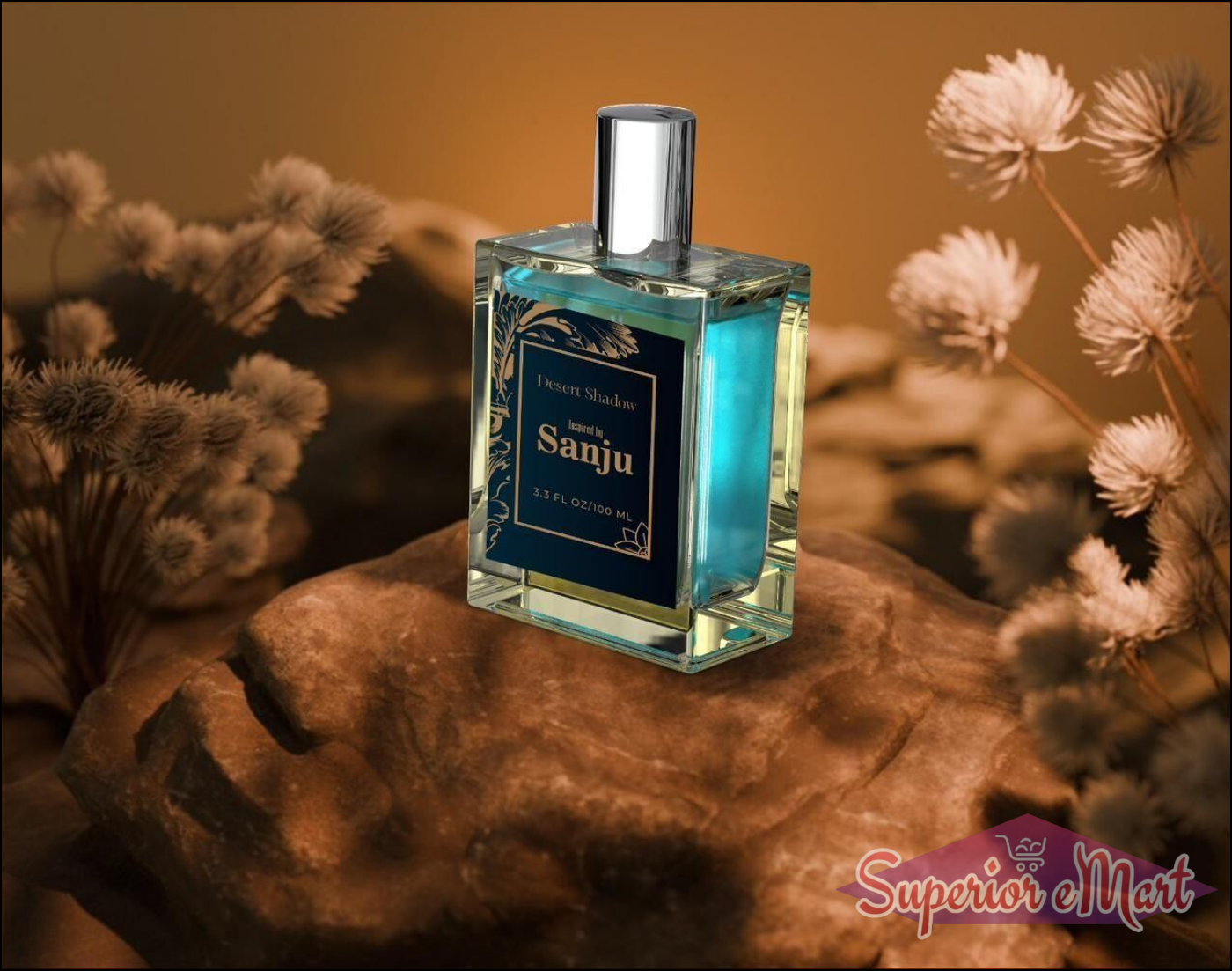 Superior eMart Inspired by Sanju perfume in a stylish bottle on a natural rock backdrop