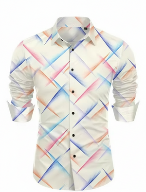 Colorful geometric patterned shirt on a white background