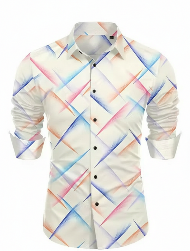 Colorful geometric patterned shirt on a white background