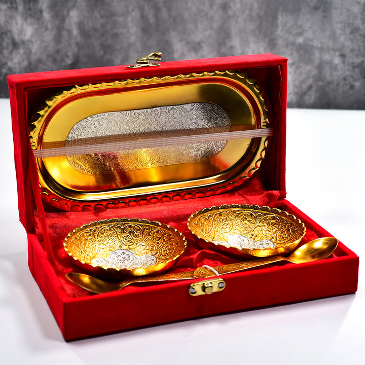 2 Bowl 2 Spoon Tray Set Brass With Red Velvet Gift Box Serving Dry Fruits Desserts Gift