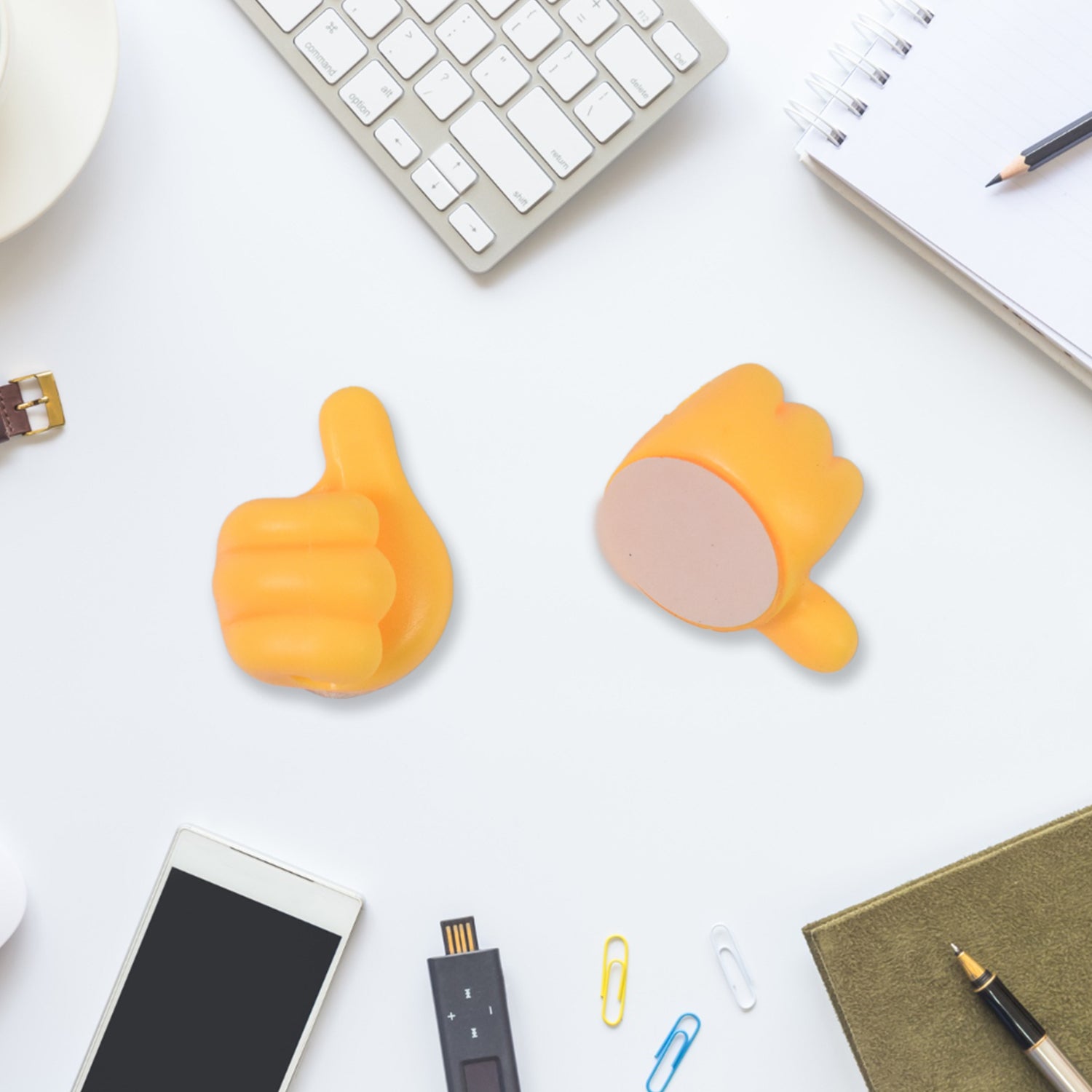 Cable organizer self adhesive for desk use, keeps cords tidy with fun thumbs-up design
