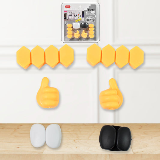 Yellow self adhesive cable organizer set for tidy workspace with various shapes and colors
