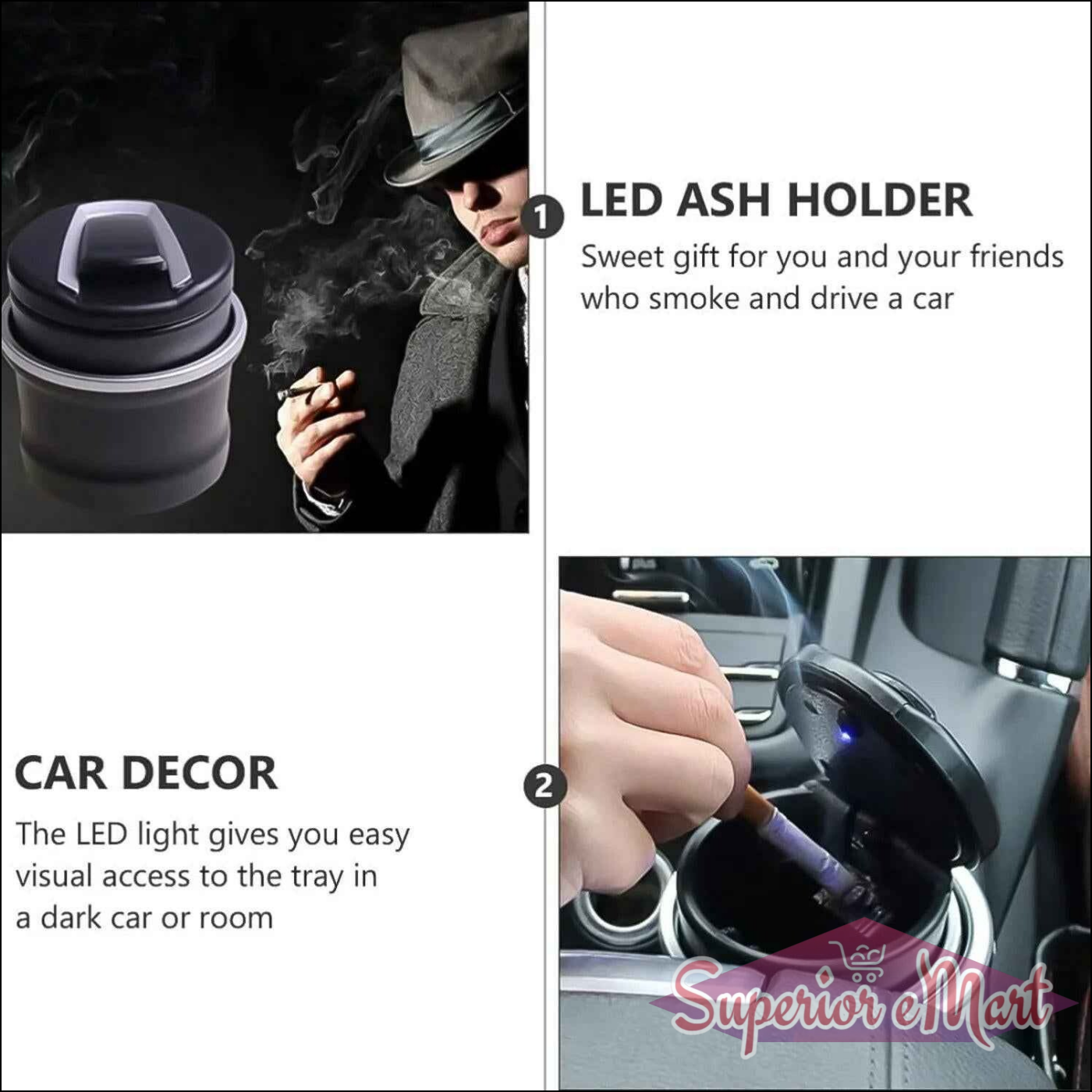 Car Ashtray With Lid featuring LED light for easy visibility in dark cars and added decor