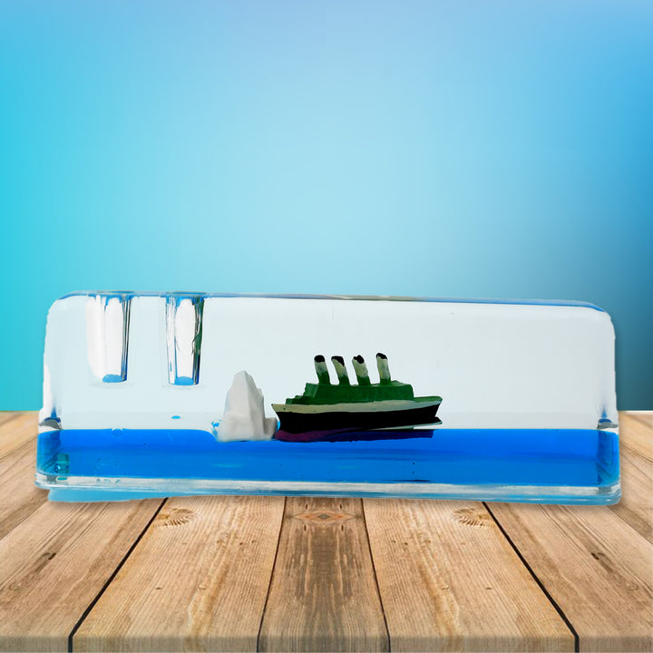 Car dashboard decoration ship in a clear resin design featuring a green and black boat on blue water