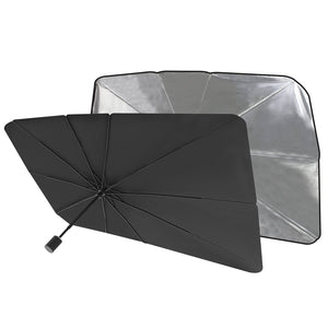 Compact umbrella car sun shade with reflective surface to protect vehicles from heat and UV rays