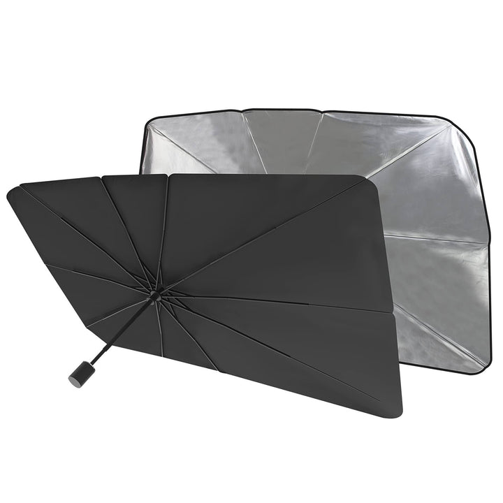 Compact umbrella car sun shade with reflective surface to protect vehicles from heat and UV rays