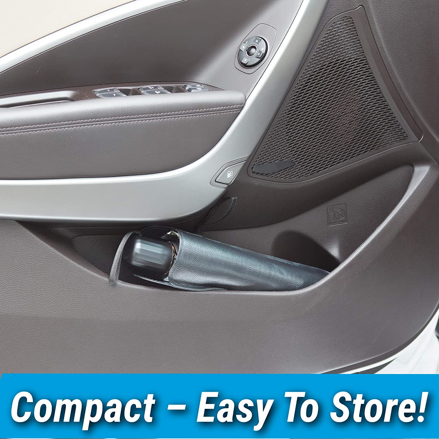 Compact umbrella car sun shade conveniently stored in a vehicle door pocket