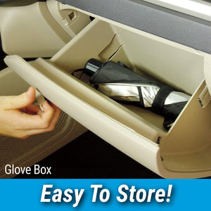 Umbrella car sun shade stored in a glove box for easy access and storage in vehicles