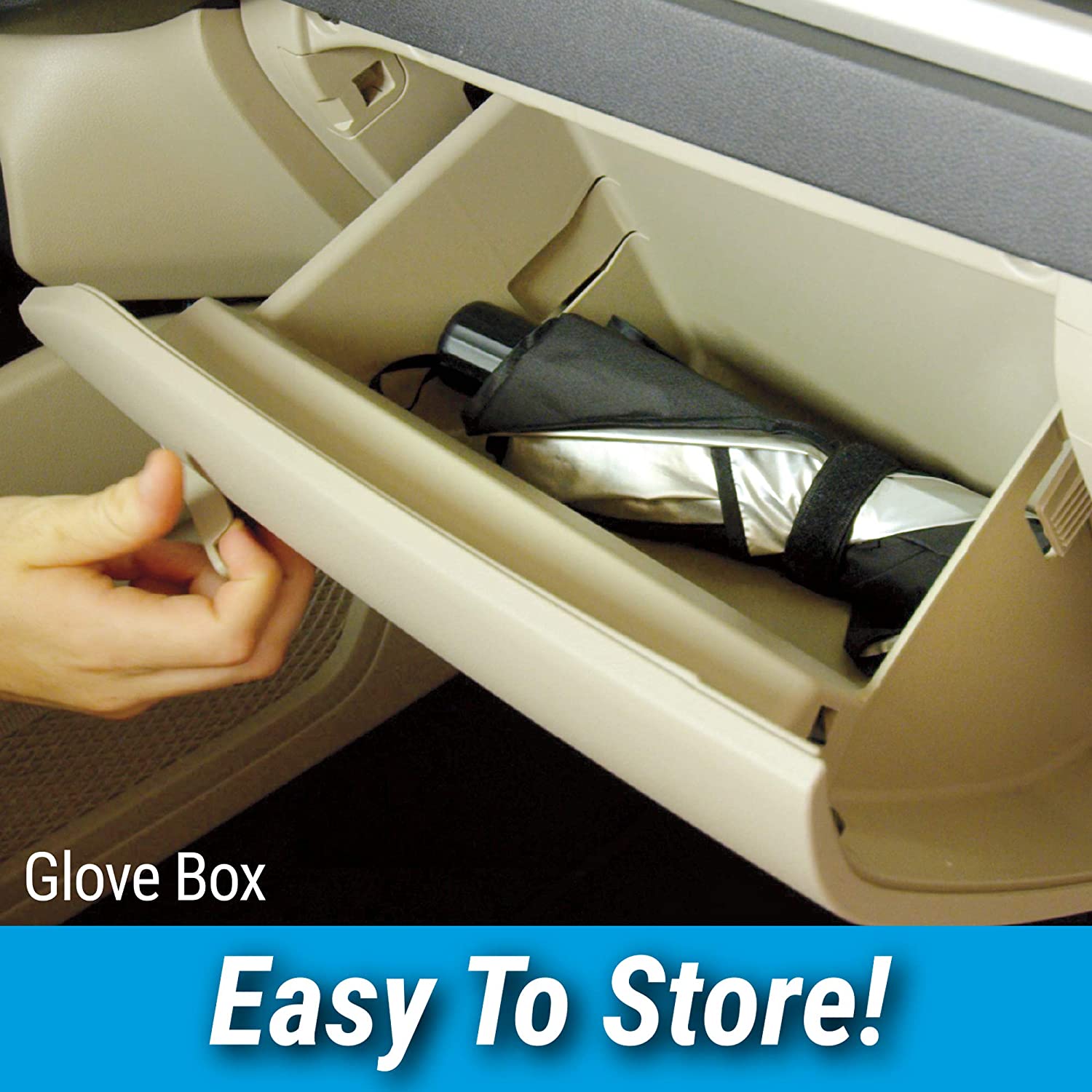 Umbrella car sun shade stored in a glove box for easy access and storage in vehicles