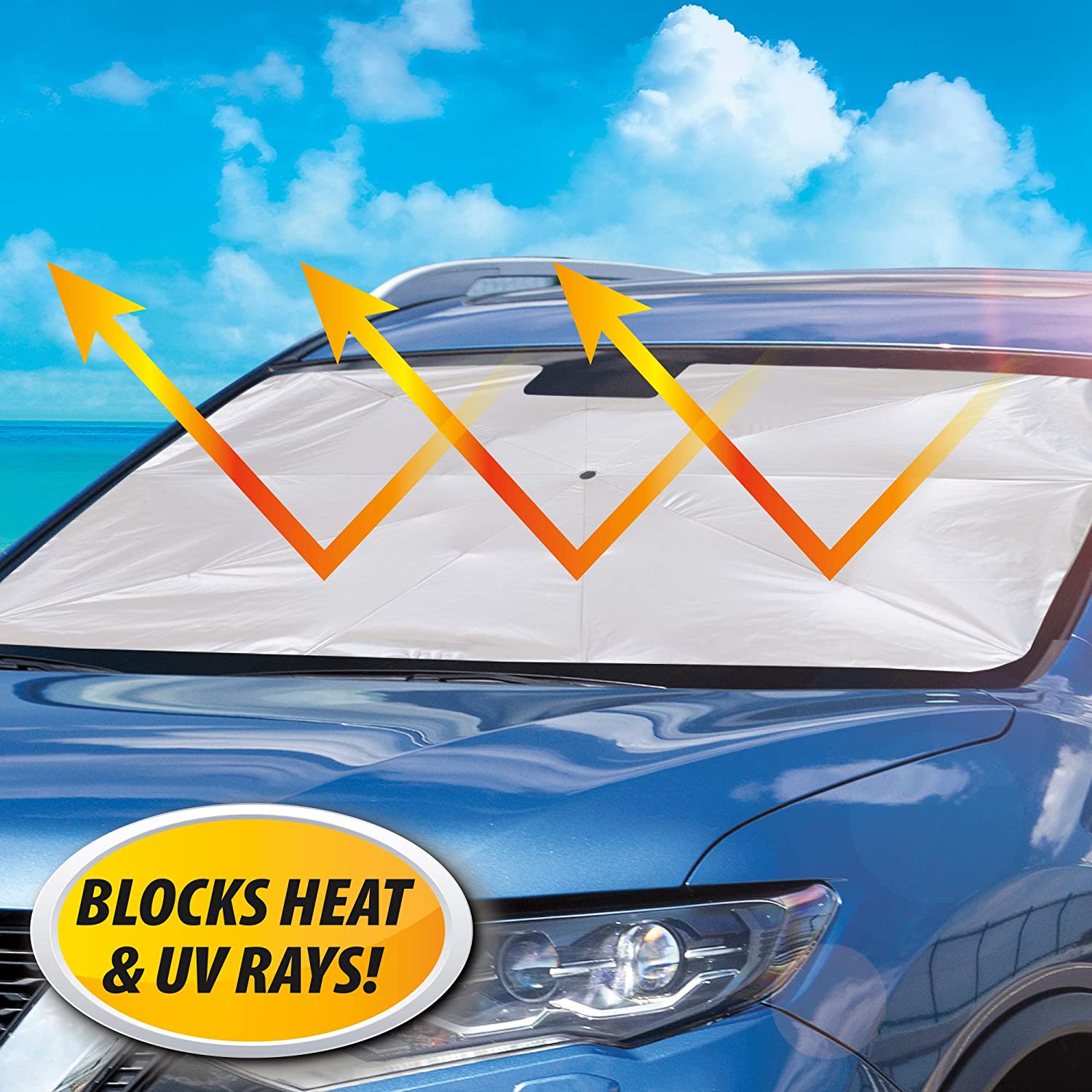 Superior eMart umbrella car sun shade blocking heat and UV rays from vehicle windshield