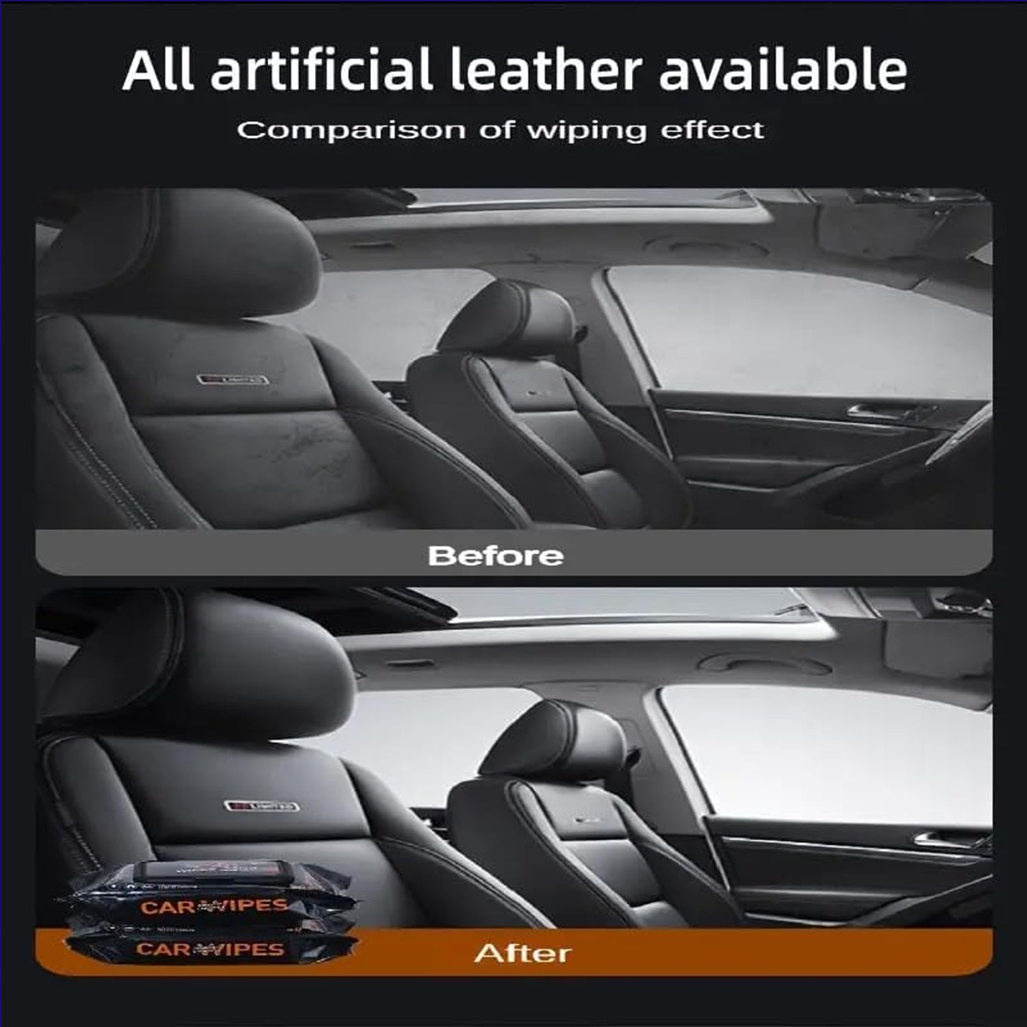 Before and after comparison of dashboard cleaning tissues on a car interior with artificial leather